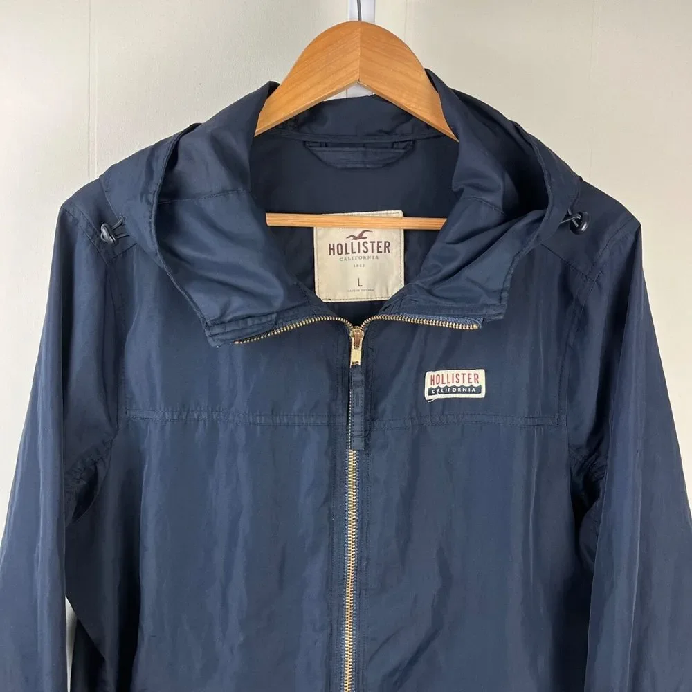 Hollister Hooded‎ Windbreaker Jacket Womens Large Navy Blue Full Zip - Picture 3 of 6